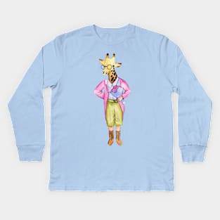 Funny Vintage Giraffe with Flowers Kids Long Sleeve T-Shirt